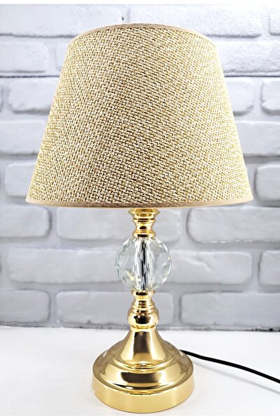 365GUNSERİSONU Gold Kaplama Büyük Kristal Taşlı Metal Ayak Keten Kahverengi Kumaş Şapkalı Abajur Aydınlatma