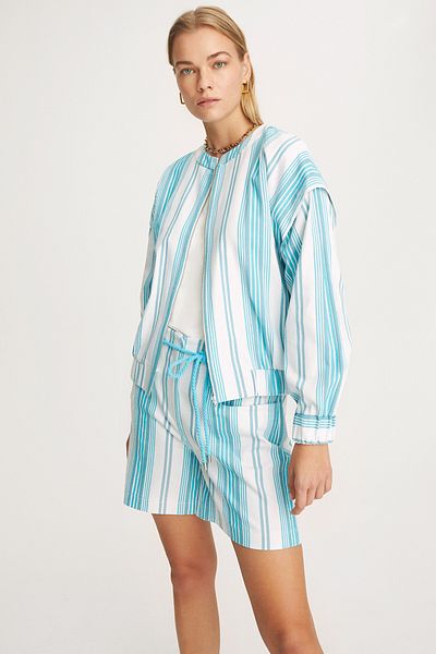 Perspective Finlay Comfortable Fit Crew Neck Standard Size Striped Patterned Turquoise Color Women's Coat