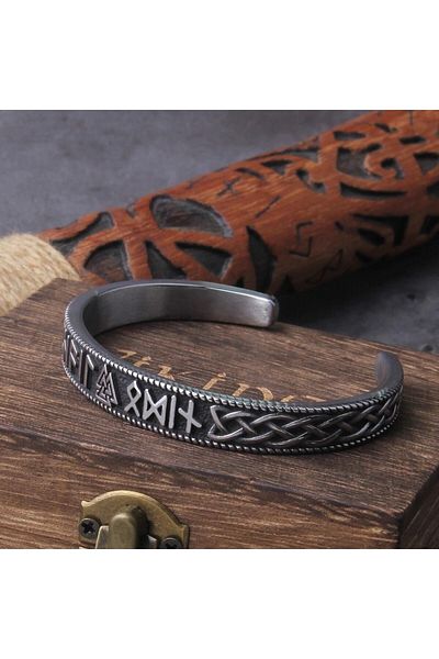 Viking Thor Mjollnir Valknut Runic Inscription Scandinavian Motif Handcuff Open Men's 316l Steel Bracelet
