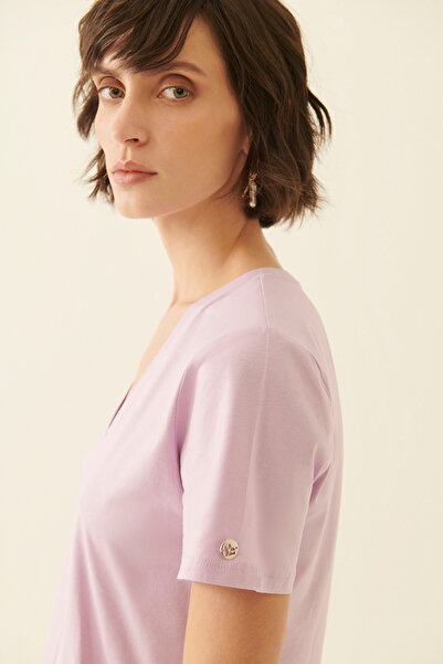 Perspective Coras Regular Fit V-neck Standard Size Lilac Color Women's T-Shirt