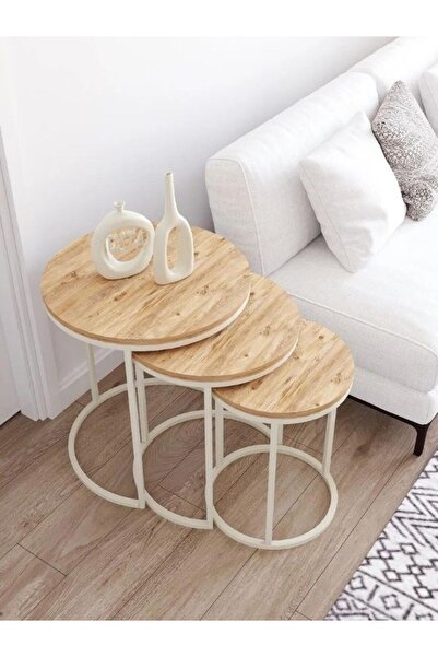 tubihome Krem Metal Antik Çam Ahşap Zigon Sehpa