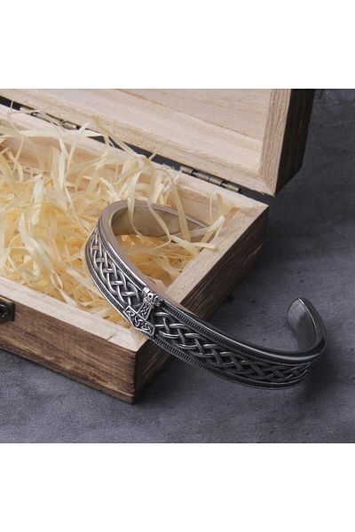 Viking Thor Mjollnir Valknut Runic Inscription Scandinavian Motif Handcuff Open Men's 316l Steel Bracelet