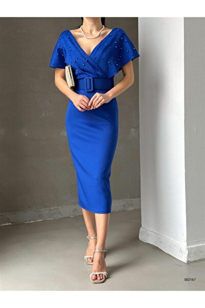 MODA DİNA Mavi Incili Kruvaze Midi Boy Kemerli Elbise, Abiye Elbise, Mezuniyet Elbisesi,