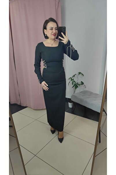 DERİNBOUTIQUE Kadın Siyah Tesettür Tasarım Taş İpli Ayarlanabilir Uzun Kapalı Davet Düğün Nişan Elbise Abiye