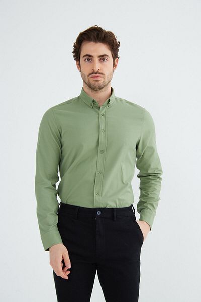 RAVANELLI Ανδρικό μακρυμάνικο πουκάμισο Khaki Slimfit Cotton Oxford Lycra με κουμπιά G490