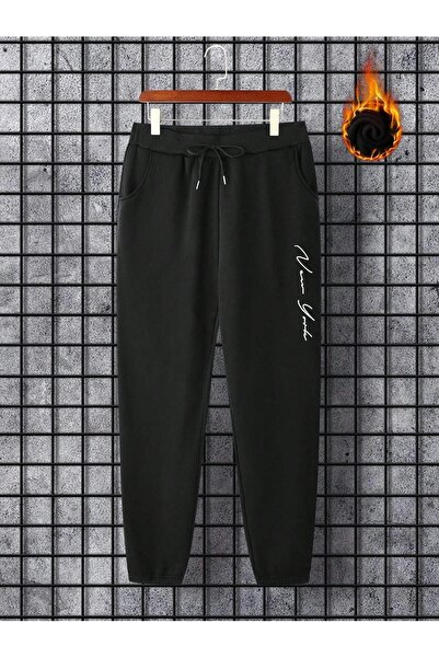 Boi Μαύρο ανδρικό χειμερινό φούτερ Jogger Hooded 3 Thread - Rubber Leg New York Printed