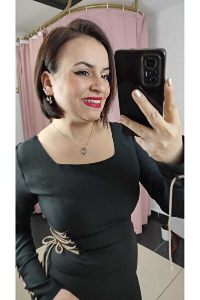 DERİNBOUTIQUE Kadın Siyah Tesettür Tasarım Taş İpli Ayarlanabilir Uzun Kapalı Davet Düğün Nişan Elbise Abiye