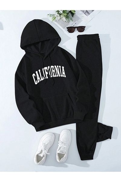 Boi Σετ αθλητική φόρμα California Letter Combination Bottom Top - Μαύρη εμπριμέ μεγάλη λαστιχένια κουκούλα