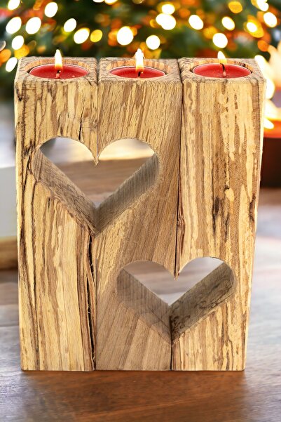 efholde Doğal Ahşap Kalp Mumluk 3'lü