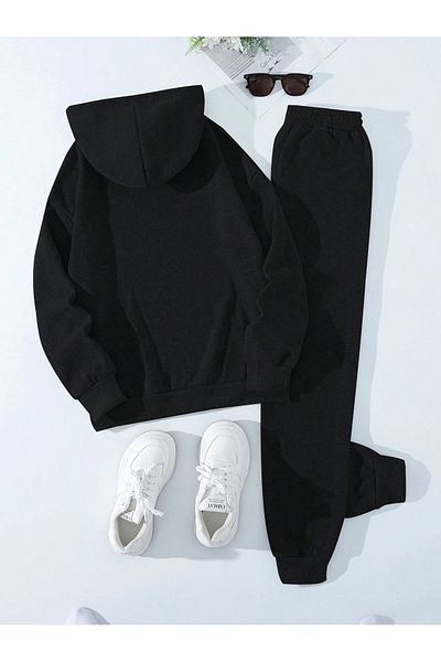 Boi Σετ αθλητική φόρμα California Letter Combination Bottom Top - Μαύρη εμπριμέ μεγάλη λαστιχένια κουκούλα