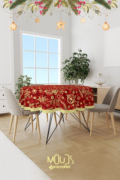 Moud's Red Christmas Patterned Round Suede Carefree Tablecloth