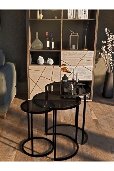 tubihome 3'lü Zigon Sehpa Siyah Ayak Füme Cam