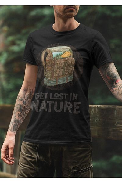 Pisa Art Ανδρικό μπλουζάκι με στάμπα Get Lost In Nature με μαύρο λαιμόκοψη