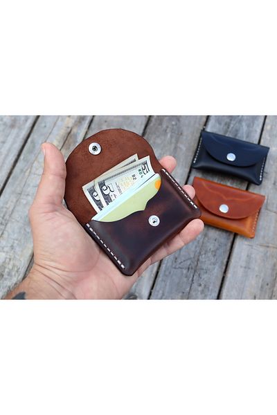 Derici Amca Genuine Italian Calf Leather, Handmade Small Wallet Card Holder with Minimal Stitching and Snap Fasteners Brown