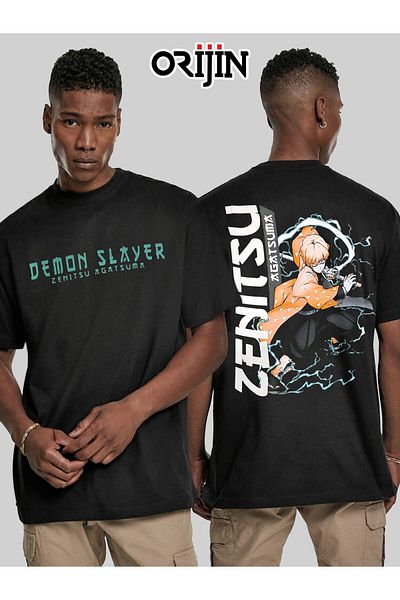 Pisa Art Demon Slayer Zenitsu Agatsuma εμπρός και πίσω με στάμπα Unisex μαύρο μπλουζάκι
