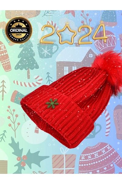 mottomia New Year/Valentine's Day Special Red Beanie with Pompom and Snowflake Figures| Christmas Hat