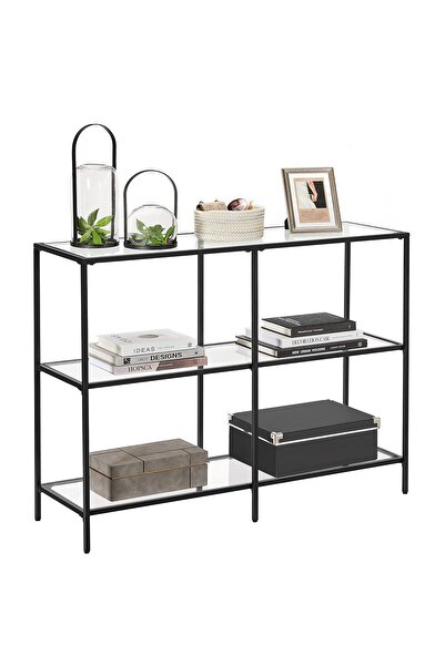 TOLIAHOME Modern 3 Katlı Siyah Renk Metal İskeletli Cam Raflı Dresuar Konsol
