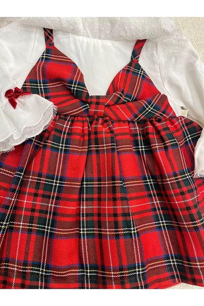 Mymio baby girl dress plaid patterned red lace collar