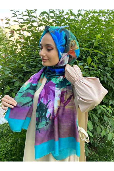 Aker Yaz Serinliği Çiçek Desenli Ipek Koton (PAMUKLU) Etol Şal 7759777 Mint