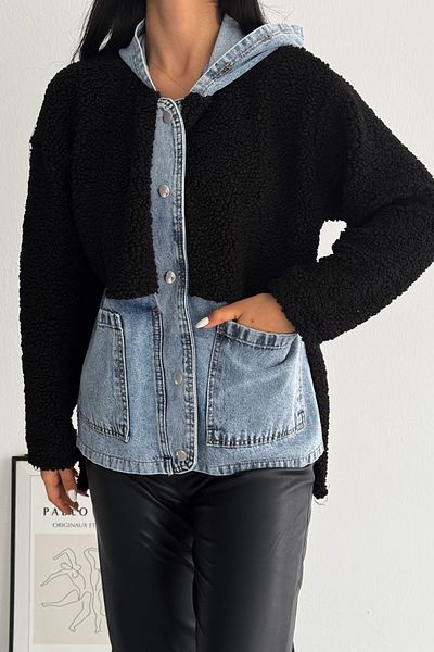FEMELLE Jachetă neagră de pluș, cu glugă, din denim, cu butoane automate