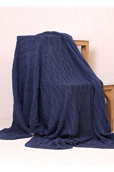 RTD&VLD Rtd & Vld Indigo Mavi Sarmaşık Desen %100 Pamuk Triko Tv Battaniyesi Koltuk Şalı