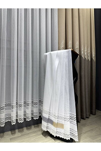 DNZEVGEREÇLERİ Aplik Örme Modern Tül Perde Etek İşlemeli 1/3 Sık Pileli