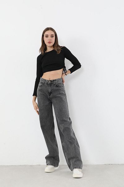DRC trend Μόδα Γυναικεία Power Lycra Γυναικεία μαύρα ψηλόμεση φαρδιά τζιν παντελόνια