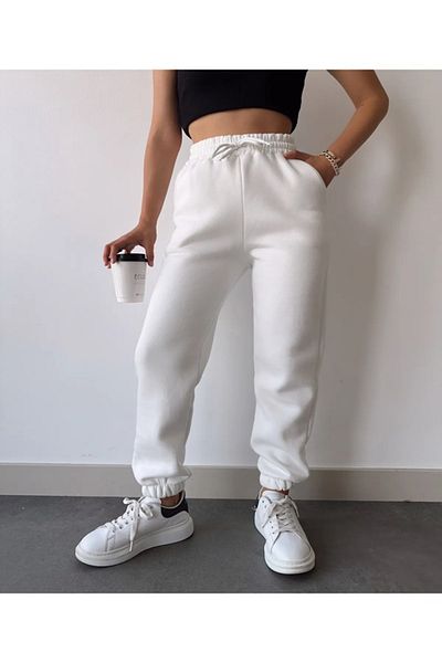 EXPECTED Λευκό Basic Jogger Χοντρό Fleece Πλεκτό Φούτερ