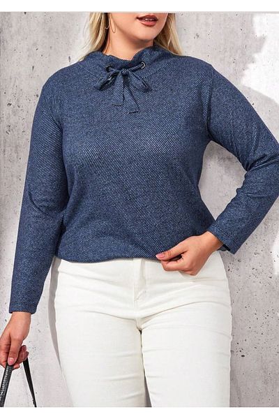 Butik Nilyam Bluză moale din lycra, cu guler, mărime mare, 21066 albastru