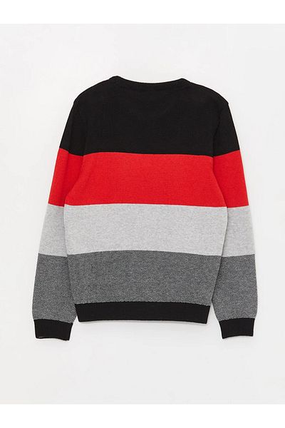 LC Waikiki Ribbed Crew Neck Color Blocked Long Sleeve Boy's Knitwear Sweater with Ribbed Cuffs and Bottom