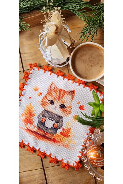 Runner Supla Home قطعتان من منديل تقديم القهوة المزخرف بنمط القطط