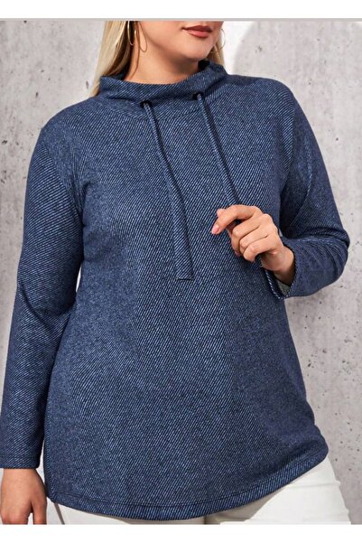 Butik Nilyam Women's Large Size Collar Lace-Up Lycra Soft Blouse 21066 Blue