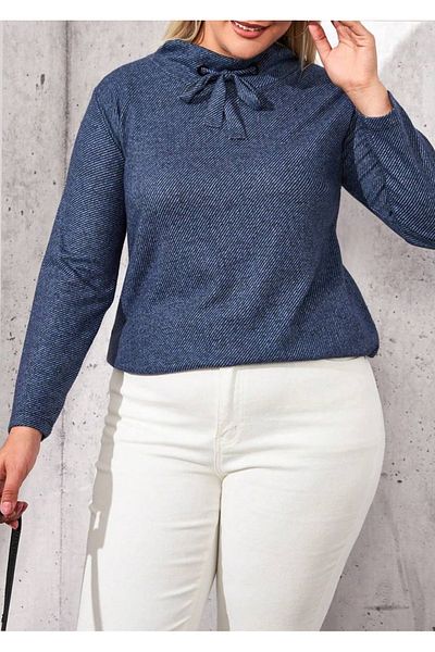 Butik Nilyam Bluză moale din lycra, cu guler, mărime mare, 21066 albastru