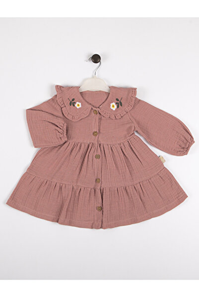 Melekpare Kız Bebek Çocuk Elbise %100 Pamuk Müslin Kumaş Uzun Kol Yakası Çiçe...