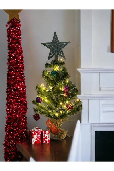 Lapidaria 30 Cm Süslü ve Led Işıklı Yılbaşı Çam Ağacı Kütük Tabanlı Jüt Ipli Ofis Masa Üstü Ünite Yanı