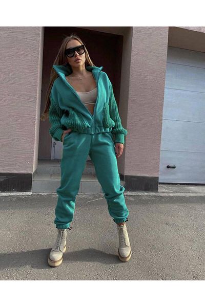 kenza'a Green Three Thread Raised Combed Cotton Compact Knitwear Cardigan Tracksuit Double Set