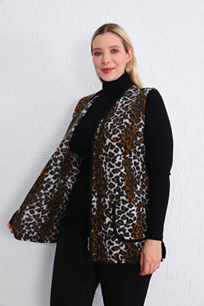 Kardelen Butik Ümraniye Plus Size Brown Leopard Print Fleece Vest