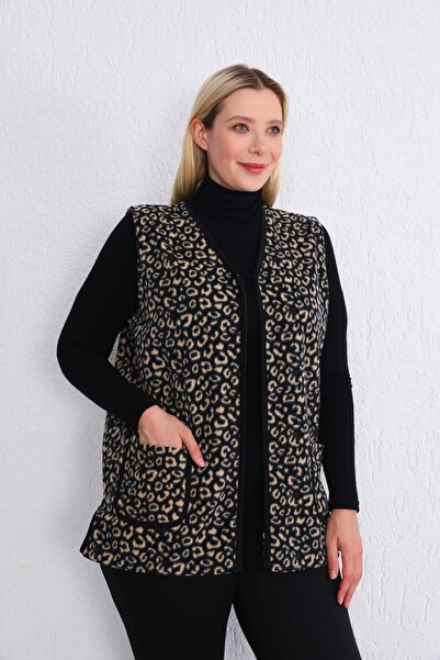 Kardelen Butik Ümraniye Plus Size Black Cream Leopard Fleece Vest