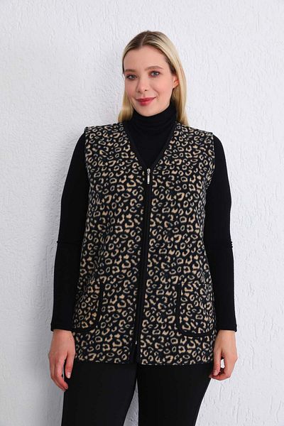 Kardelen Butik Ümraniye Plus Size Black Cream Leopard Fleece Vest