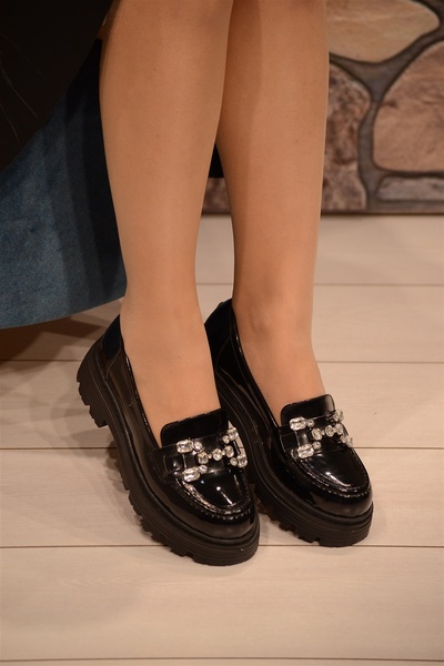 Isy KADIN SİYAH RUGAN TAŞ TOKALI KALIN TABAN OXFORD AYAKKABI