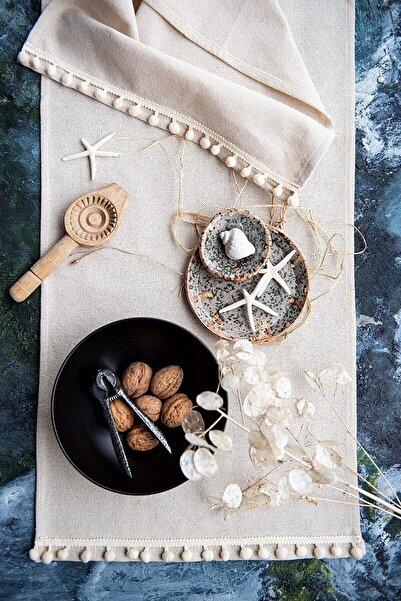 Emtory Home Naturel Beyaz Ponponlu Keten Runner