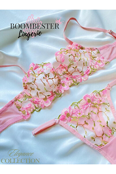 BoomBester Set Sutien Chiloți Brodat Cu Motiv De Flore Pulbere - Colecția Ele...
