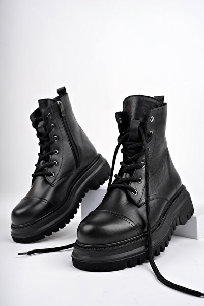 GRADA Siyah Deri Bot Kadın Hakiki Deri Bağcıklı Kısa Postal Bot Bootie Bağcık...