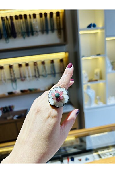 Luna Sedef,Pembe Kuvars ve Zümrüt Doğal Taşlı Gümüş Yüzük