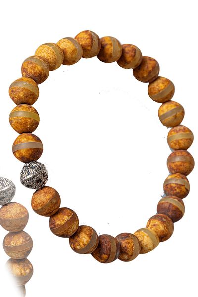 Tesbih Atölyesi Certified Brown Striped Tibetan Agate Stone Bracelet - With Silver Device