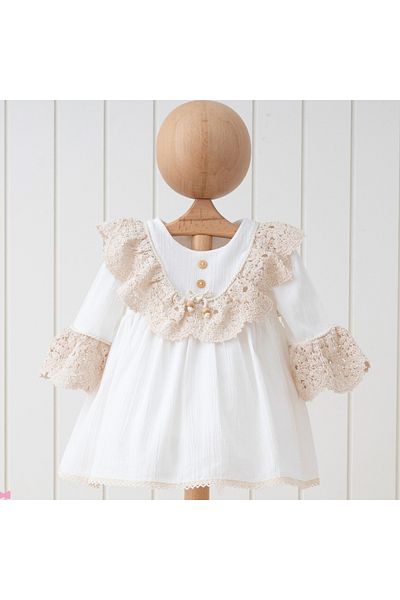 DIDuStore Elegant Ecru Baby Girl Dress with Lace Collar and Sleeve Detail