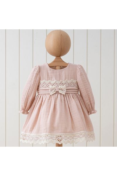 DIDuStore Long Sleeve Salmon Baby Girl Dress with Lace Detail and Bow Decoration