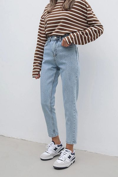 MAKRAS EXCLUSIVE Pantaloni de damă Lisa cu talie înaltă, albastru, spălat cu zăpadă, din lycra Mom Jean