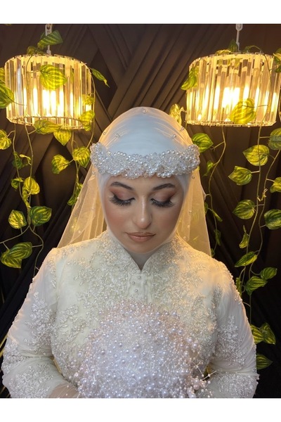 ecrin tuhafiye hobi İncili & Kristal Boncuklu Gelin Tacı Saç Aksesuarı