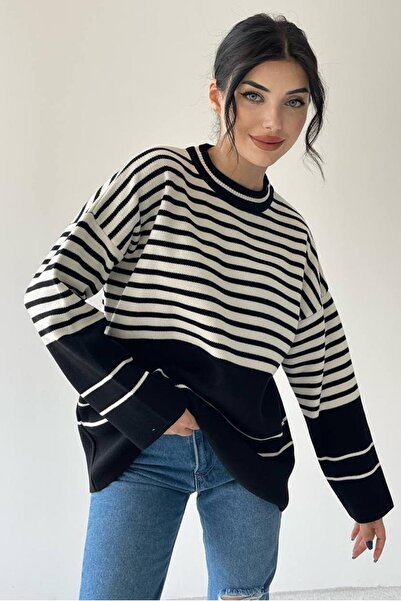 vuvutasarım New Season Women's Knitwear Fabric Crew Neck Striped Pattern Oversize Sweater 198